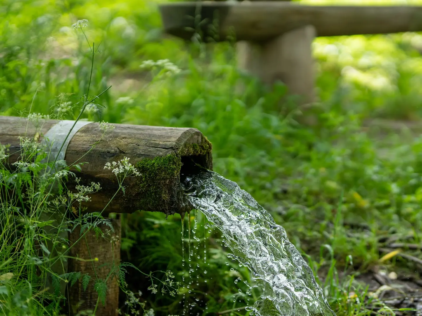 water flowing through bamboo tube during daytime